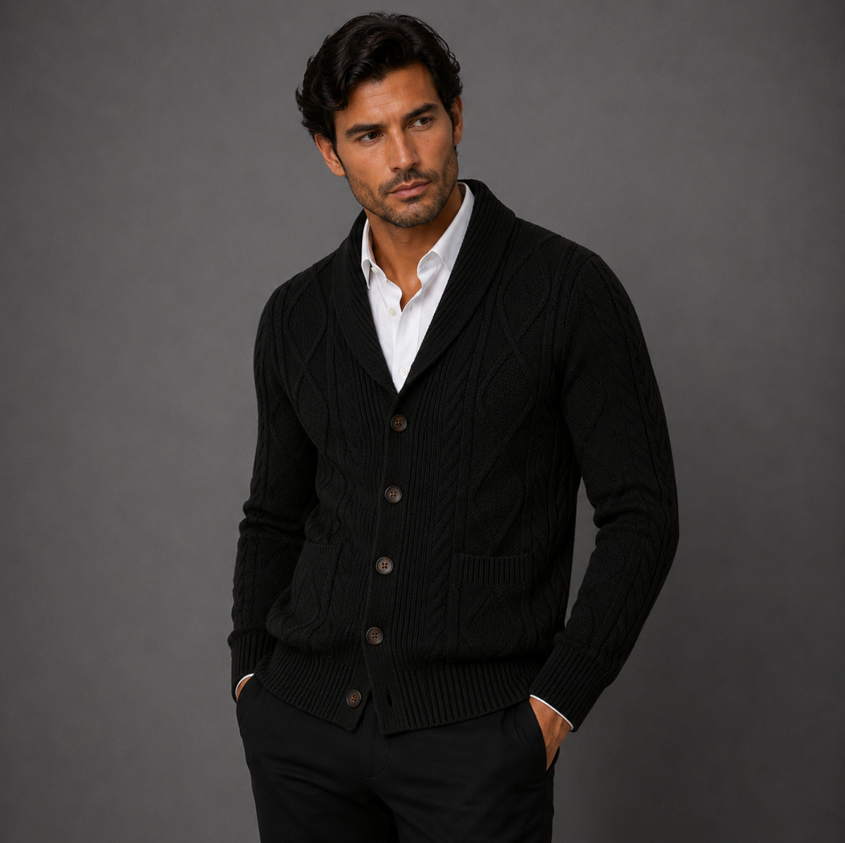 Men's Cable Knit Cardigan with Shawl Collar
