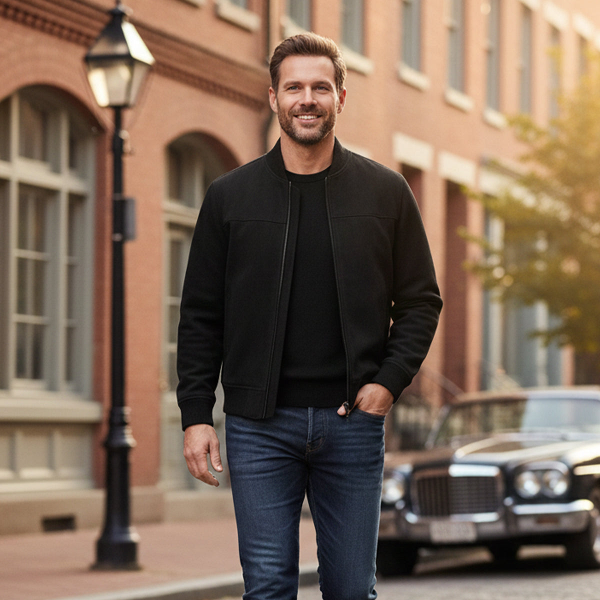 Men's Suede Bomber Jacket with Ribbed Trims – view 10