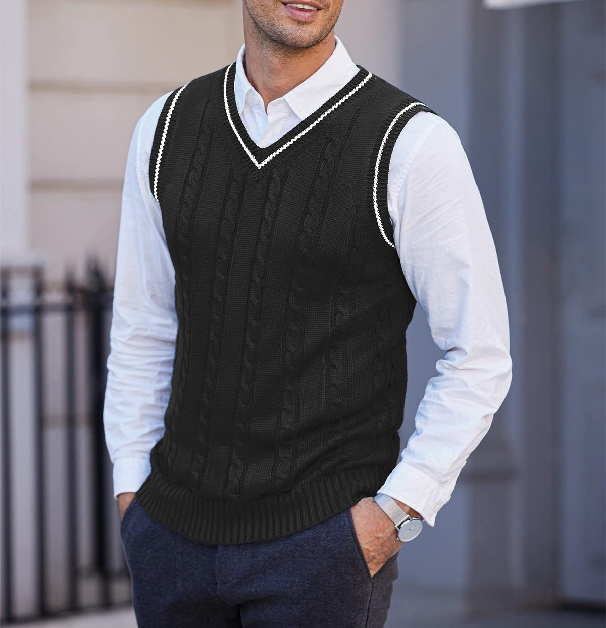 Men's Cable Knit V-Neck Sweater Vest - Black