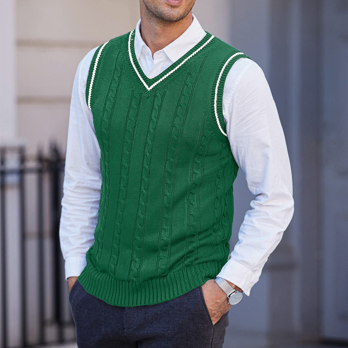 Men's Cable Knit V-Neck Sweater Vest - Green