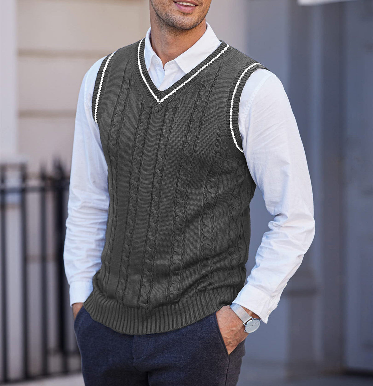 Men's Cable Knit V-Neck Sweater Vest - Grey