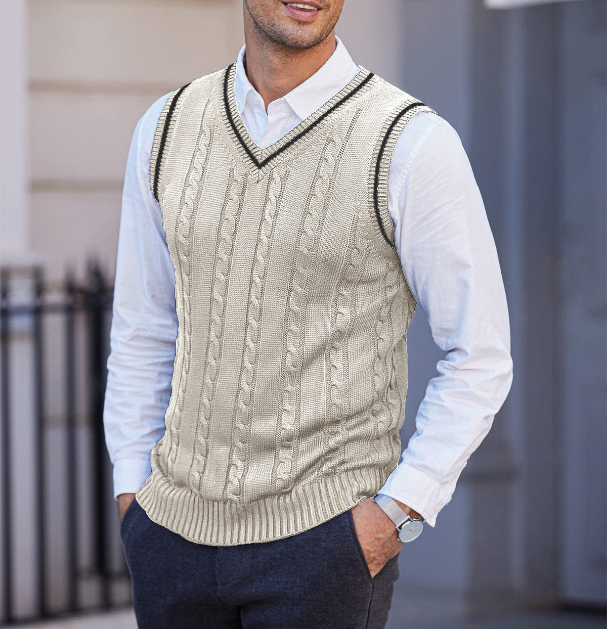Men's Cable Knit V-Neck Sweater Vest - Khaki
