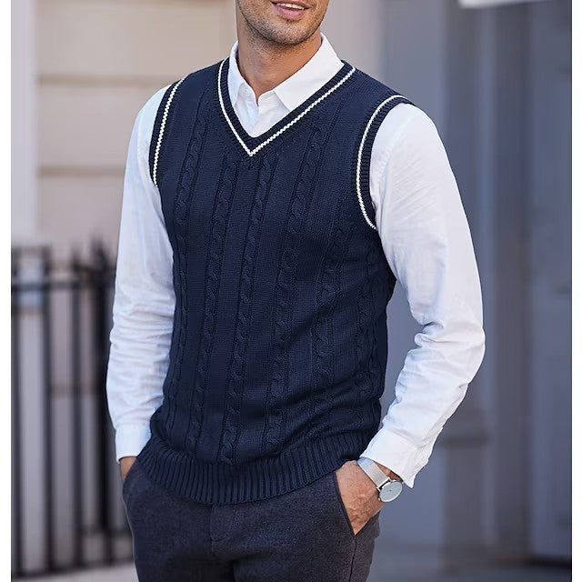 Men's Cable Knit V-Neck Sweater Vest - Navy