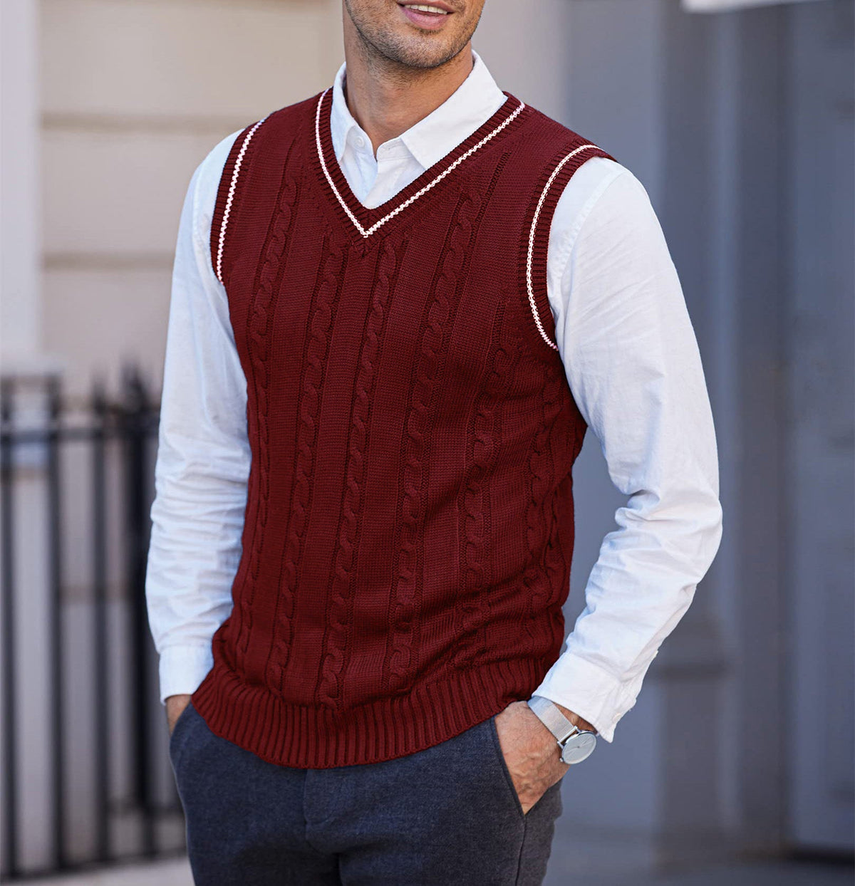 Men's Cable Knit V-Neck Sweater Vest - Red