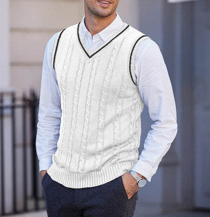 Men's Cable Knit V-Neck Sweater Vest - White