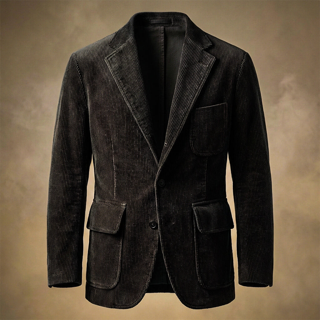 Men's Corduroy Blazer with Notch Lapels in Obsidian Black