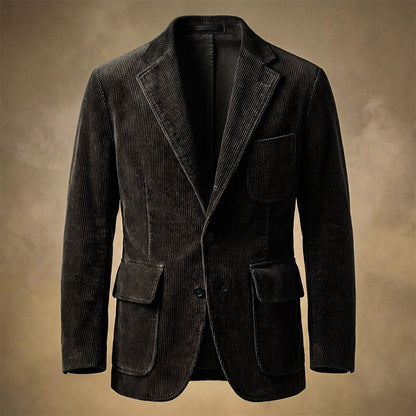 Men's Corduroy Blazer with Notch Lapels in Obsidian Black