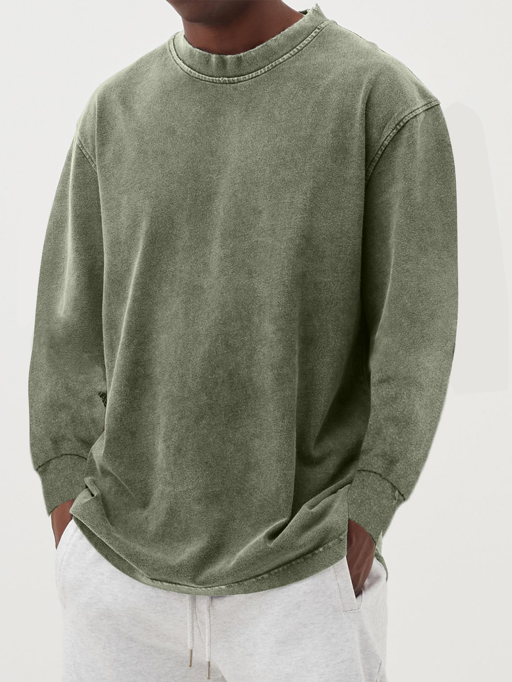 Men's Cotton Long-Sleeve Crew Neck Top - Army Green