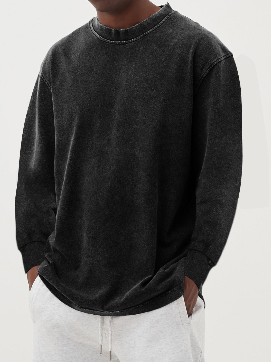 Men's Cotton Long-Sleeve Crew Neck Top - Black