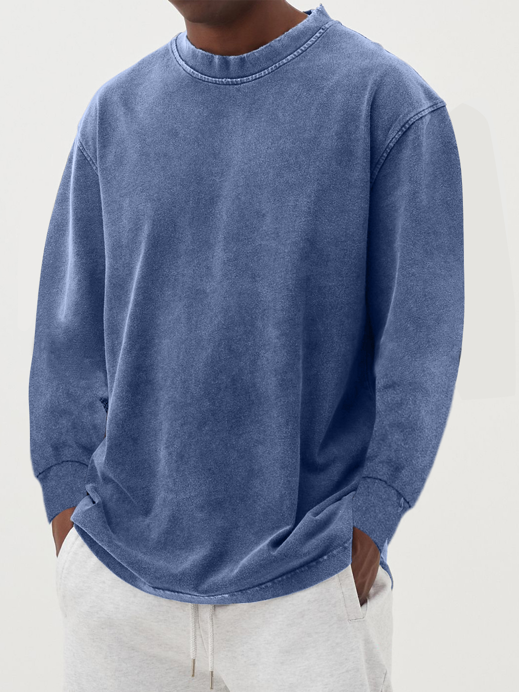 Men's Cotton Long-Sleeve Crew Neck Top - Blue