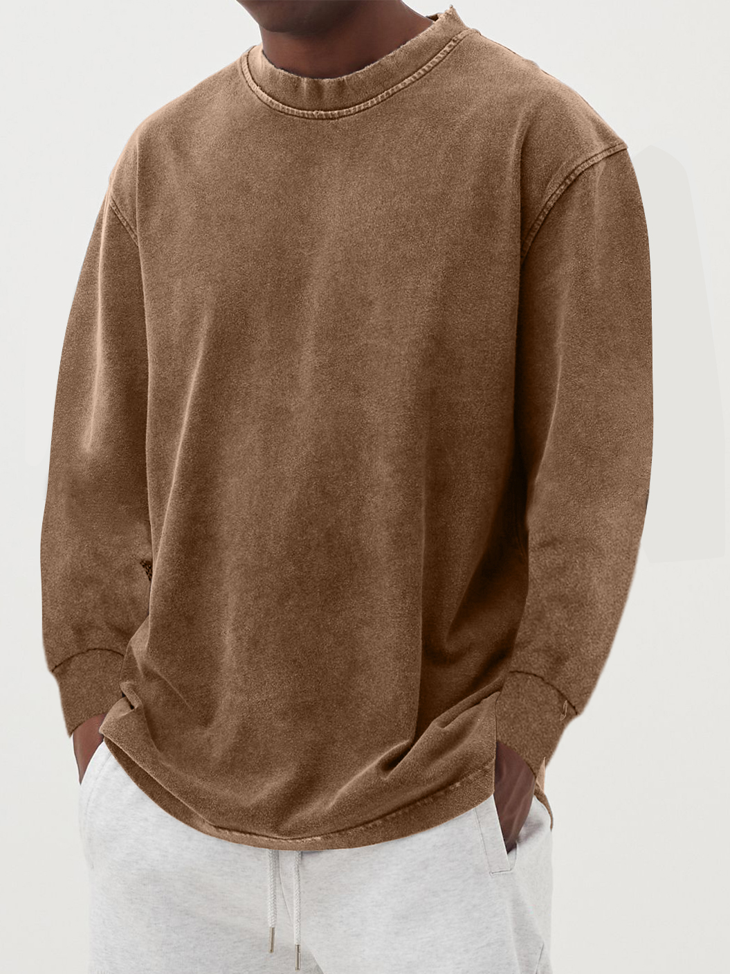 Men's Cotton Long-Sleeve Crew Neck Top - Brown