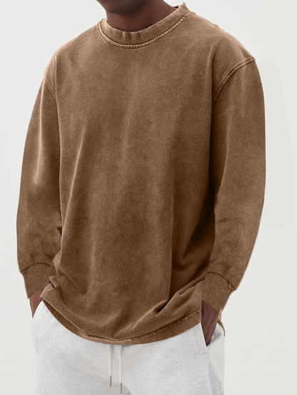 Men's Cotton Long-Sleeve Crew Neck Top - Brown