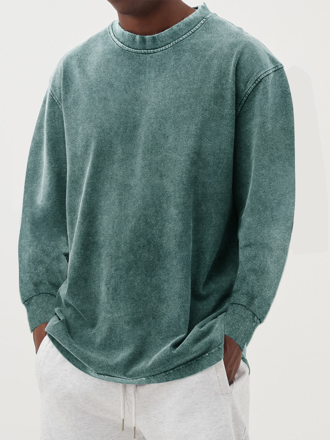 Men's Cotton Long-Sleeve Crew Neck Top - Green