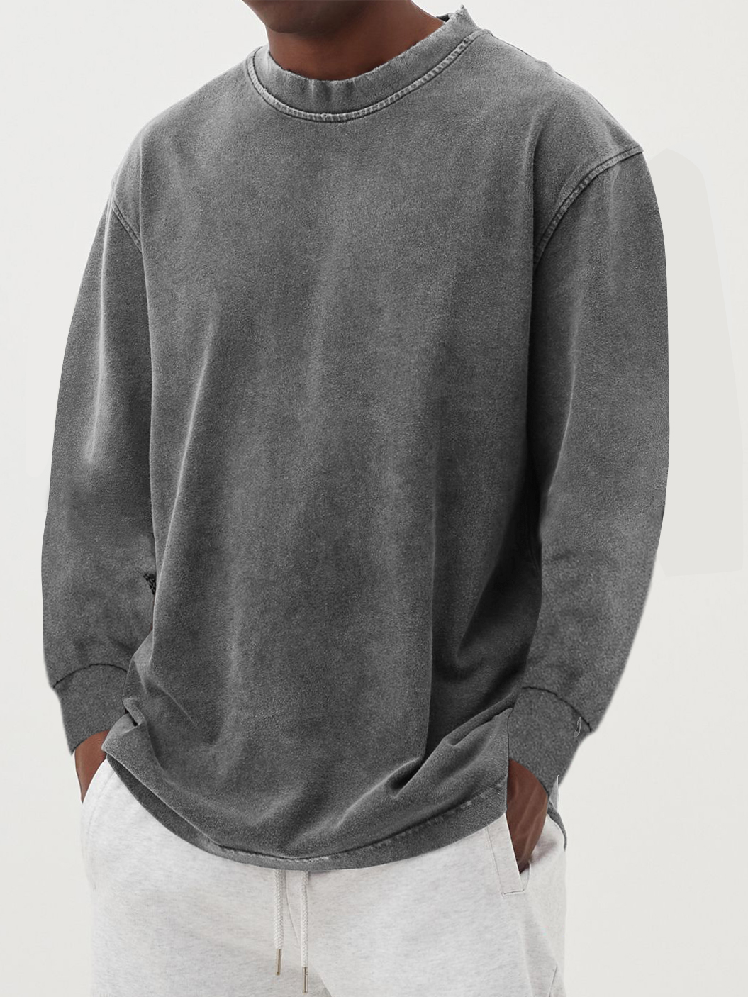 Men's Cotton Long-Sleeve Crew Neck Top - Grey