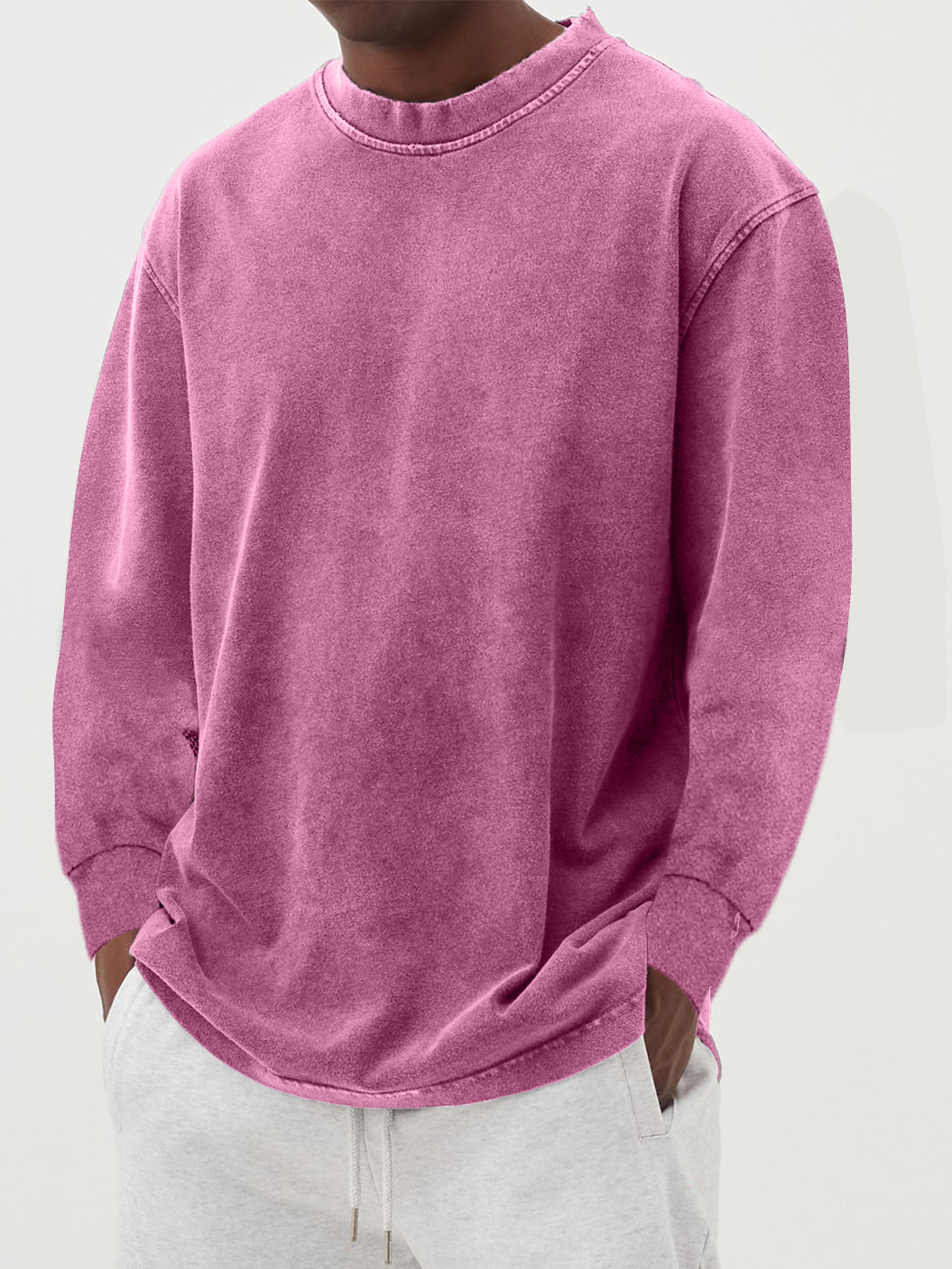 Men's Cotton Long-Sleeve Crew Neck Top - Pink