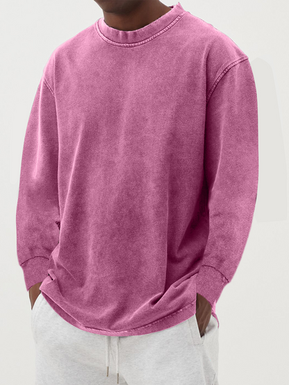 Men's Cotton Long-Sleeve Crew Neck Top - Pink