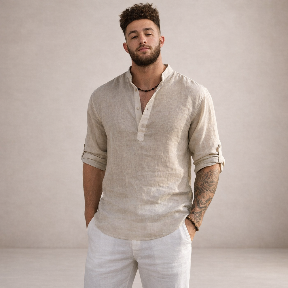 Men's Henley Pullover Shirt with Roll-Up Sleeves-5