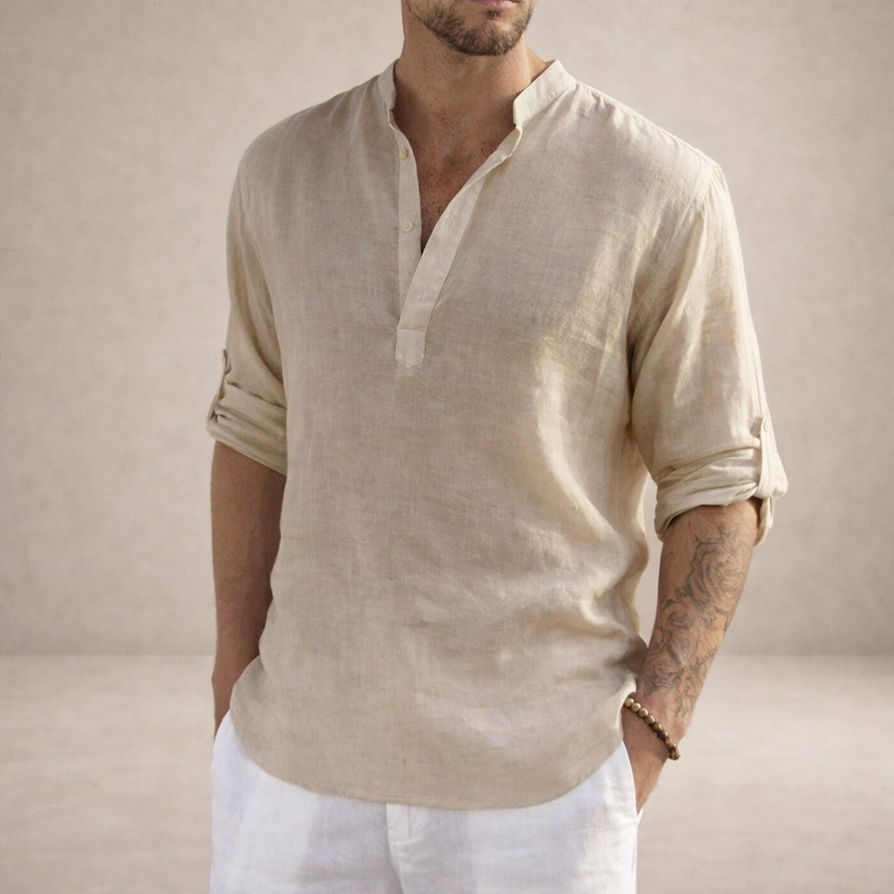 Men's Henley Pullover Shirt with Roll-Up Sleeves-4