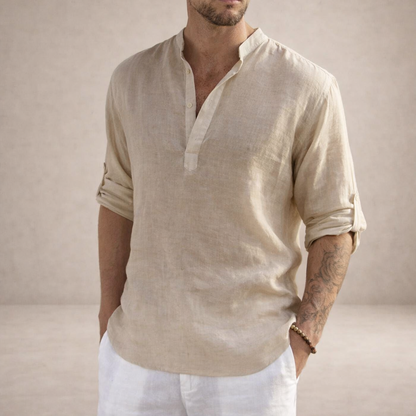 Men's Henley Pullover Shirt with Roll-Up Sleeves-4