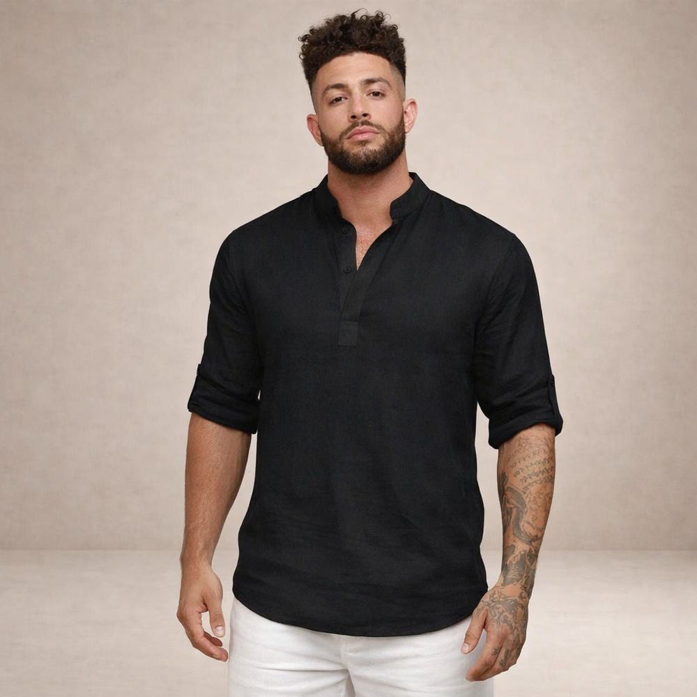 Men's Henley Pullover Shirt with Roll-Up Sleeves-9
