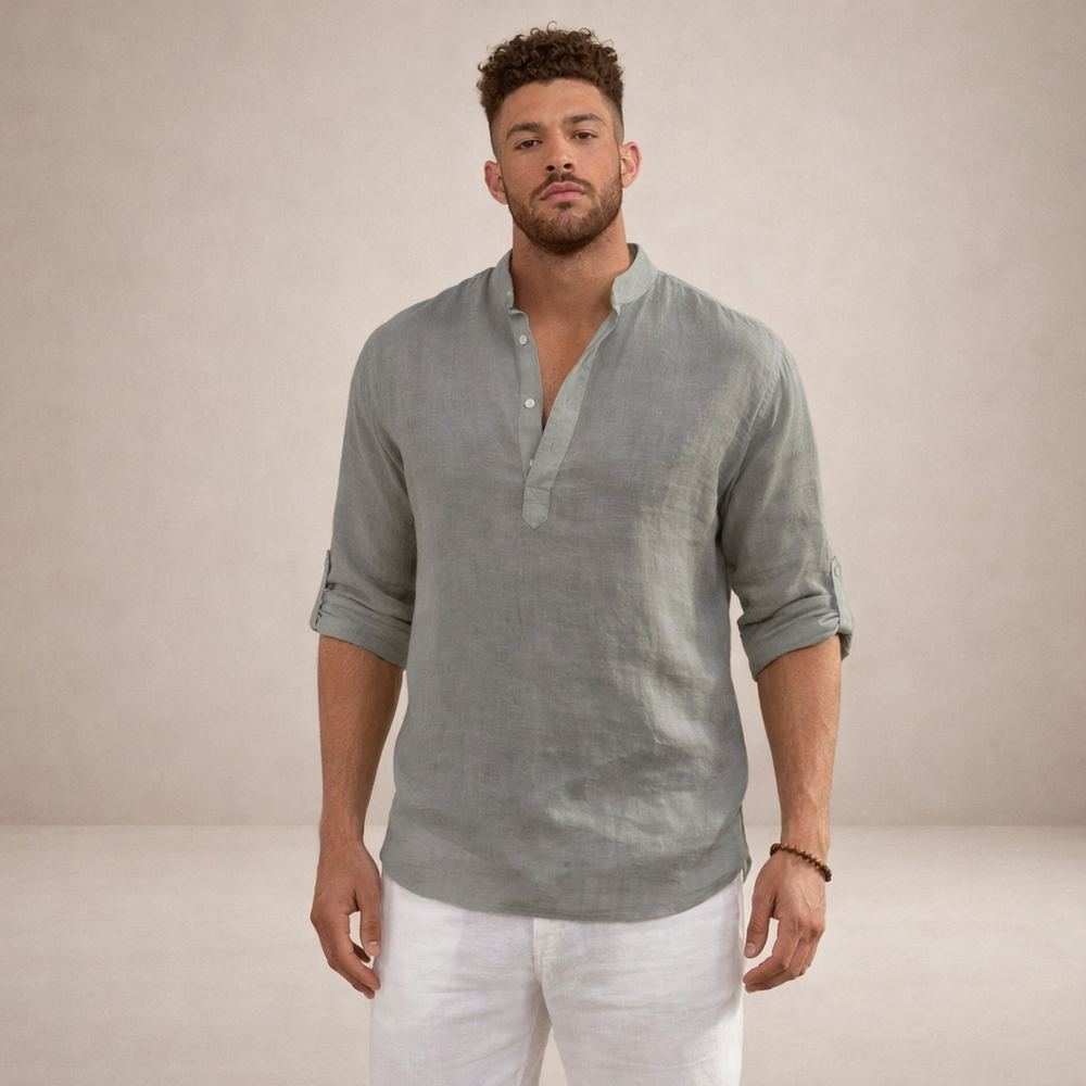 Men's Henley Pullover Shirt with Roll-Up Sleeves-11