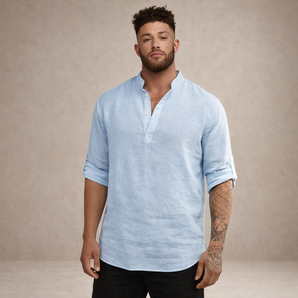 Men's Henley Pullover Shirt with Roll-Up Sleeves-7