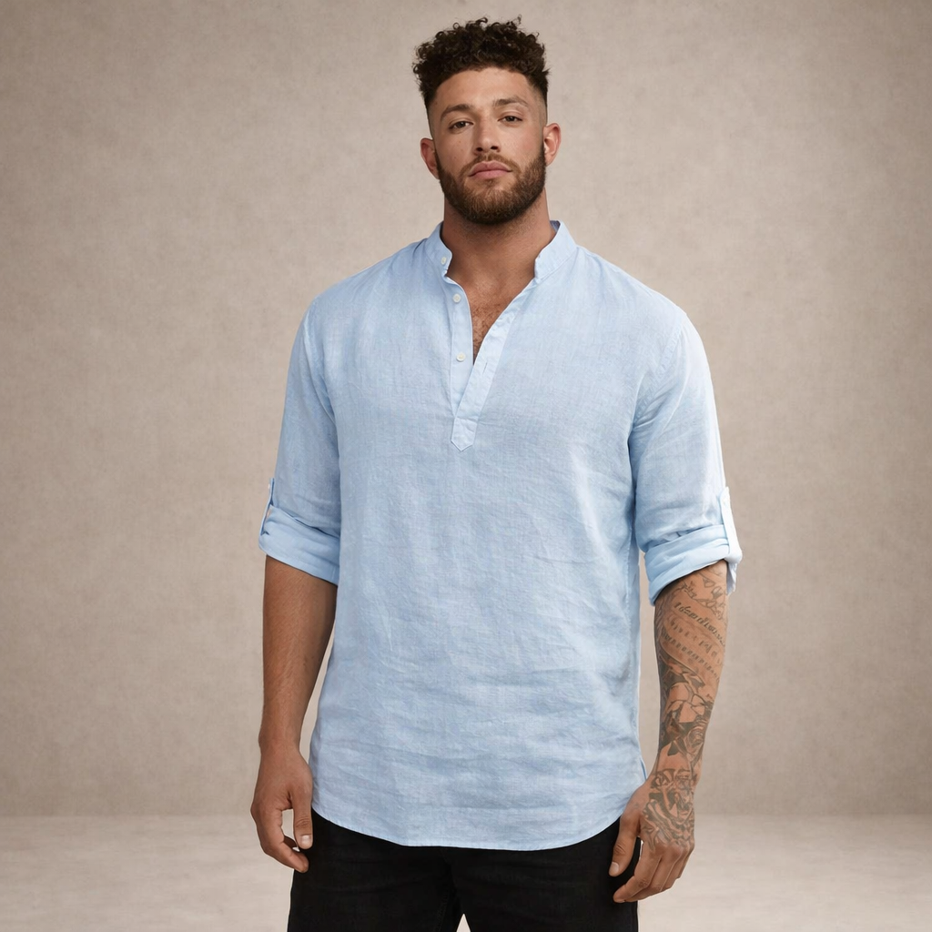 Men's Henley Pullover Shirt with Roll-Up Sleeves-7