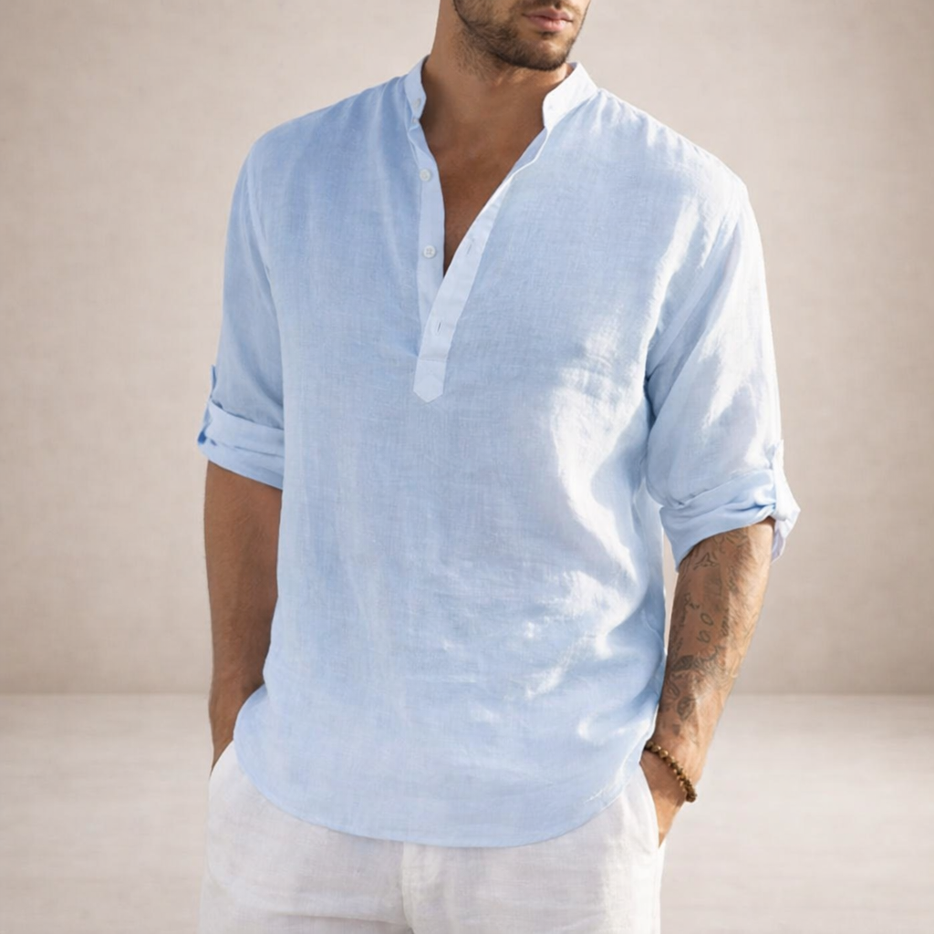 Men's Henley Pullover Shirt with Roll-Up Sleeves-6