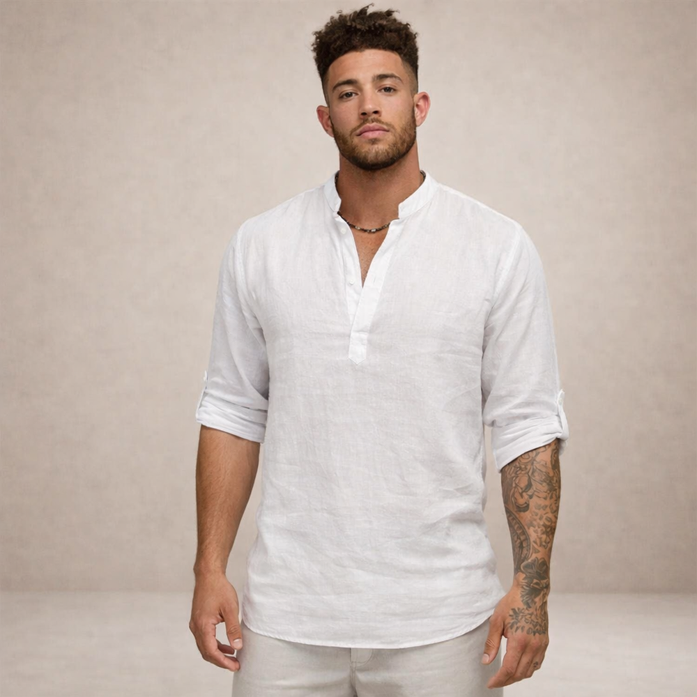 Men's Henley Pullover Shirt with Roll-Up Sleeves-2