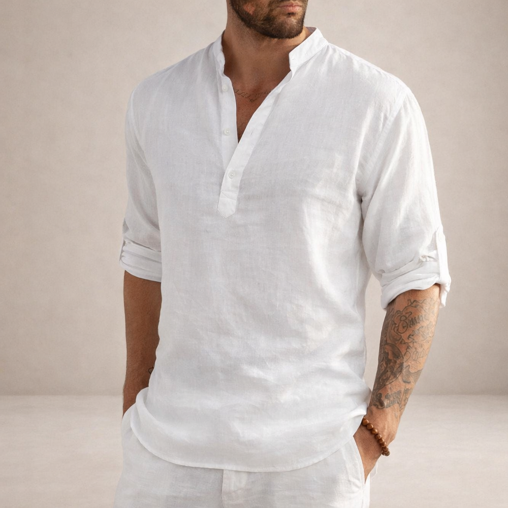 Men's Henley Pullover Shirt with Roll-Up Sleeves-1