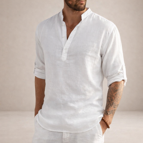 Men's Henley Pullover Shirt with Roll-Up Sleeves-1