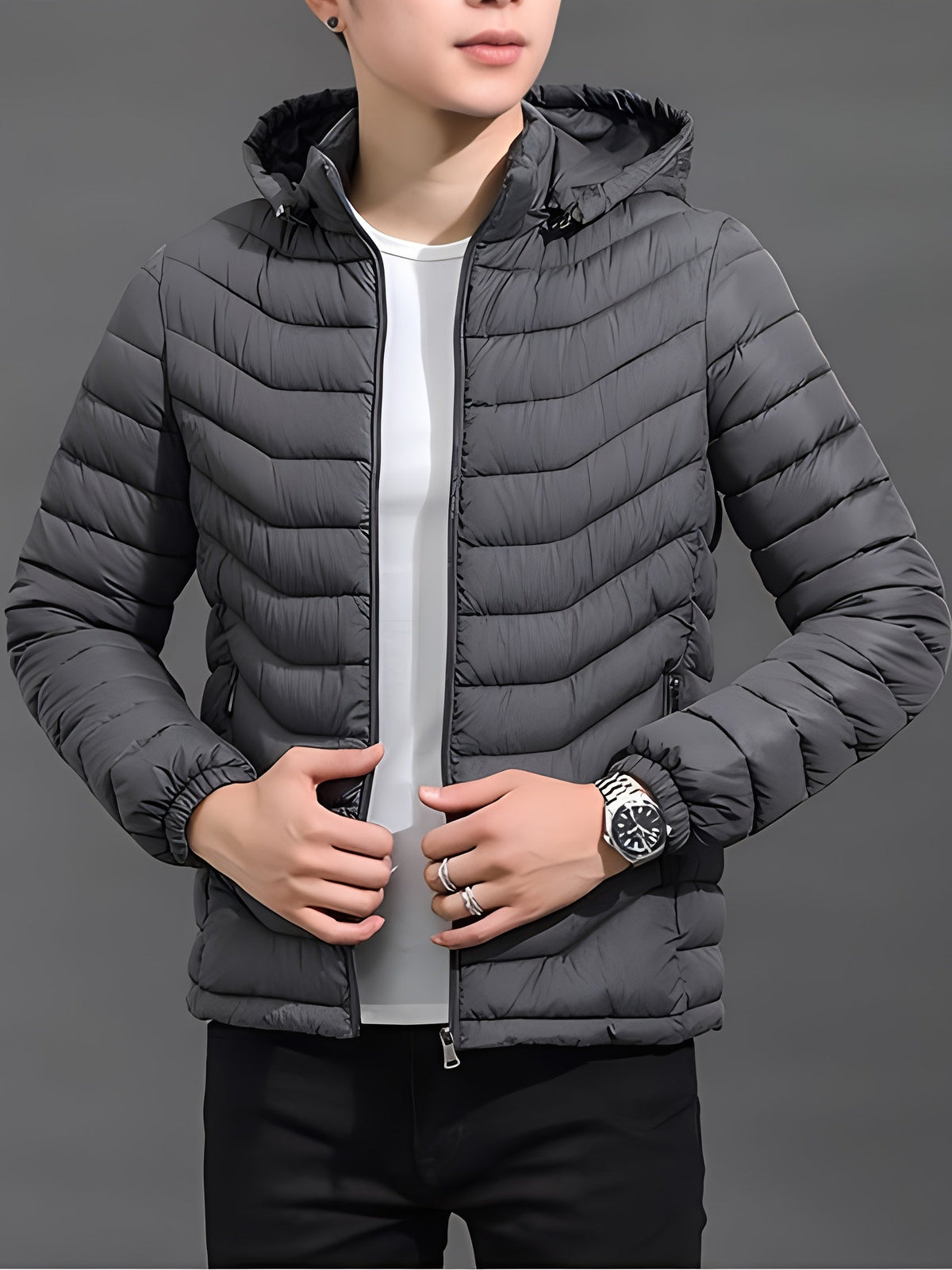 Men's Hooded Puffer Jacket with Full Zip and Zip Pockets - photo 2