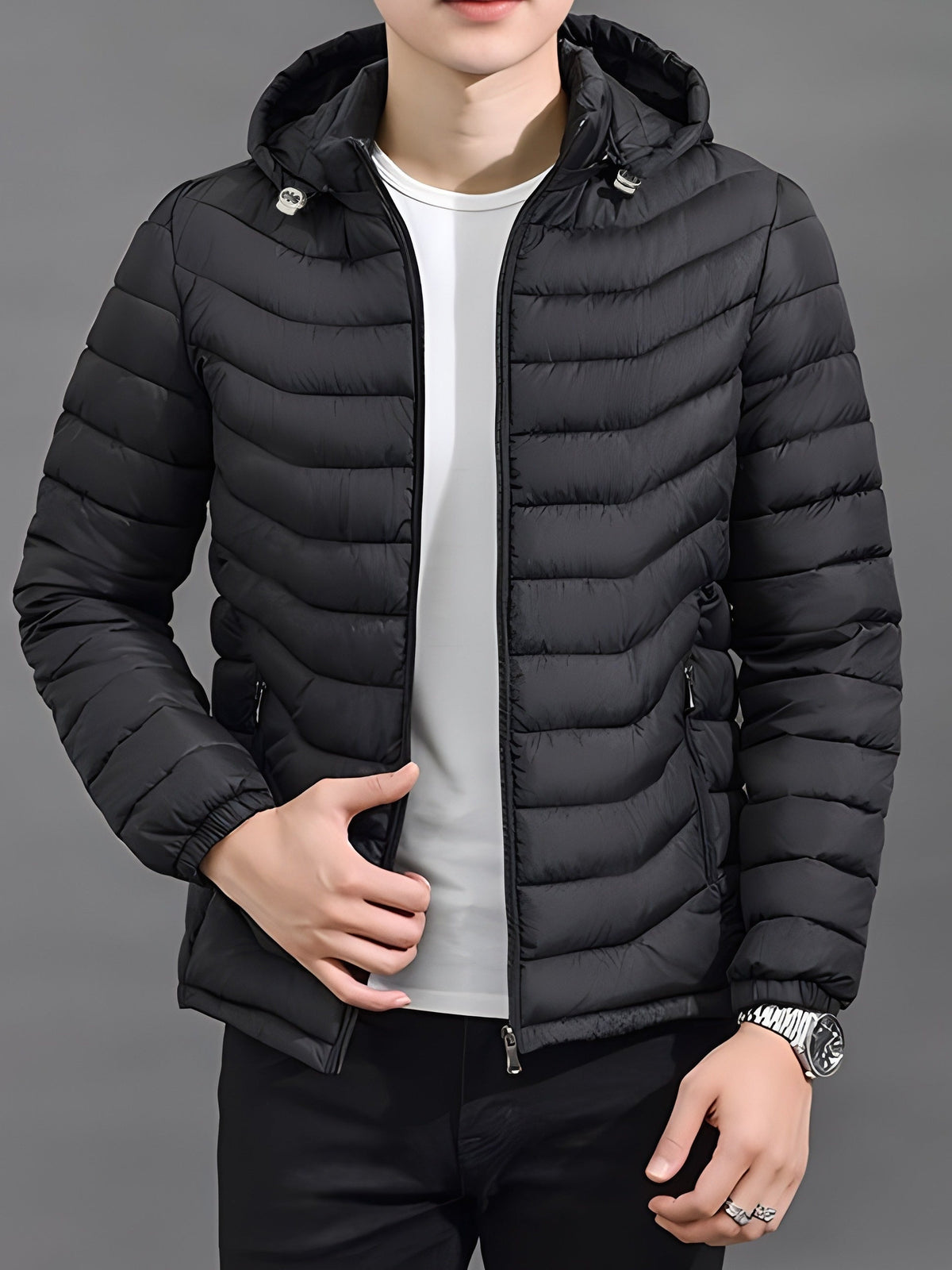 Men's Hooded Puffer Jacket with Full Zip and Zip Pockets - photo 4