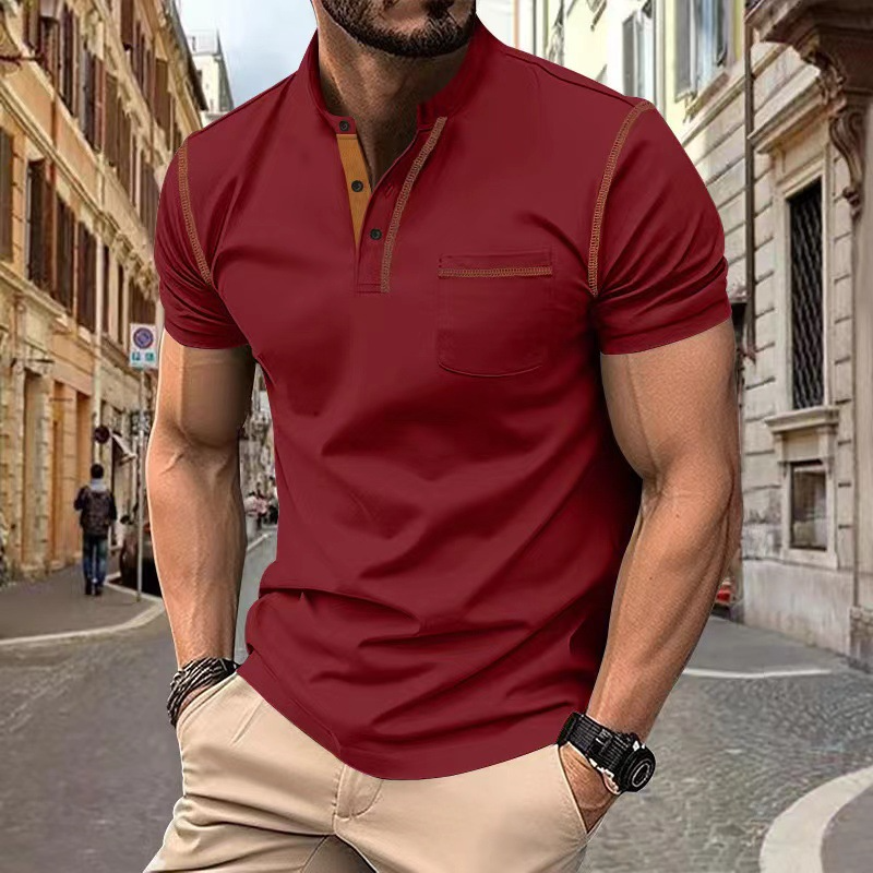 Men's Knit Polo Shirt with Band Collar