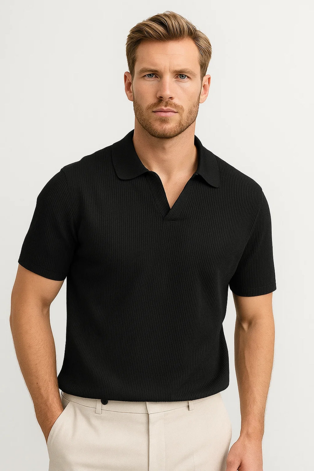 Men's Knitted Polo Shirt with Open Collar – view 4