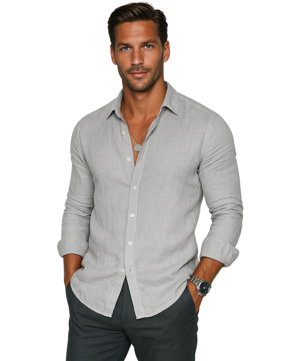Men's Linen Shirt with Point Collar