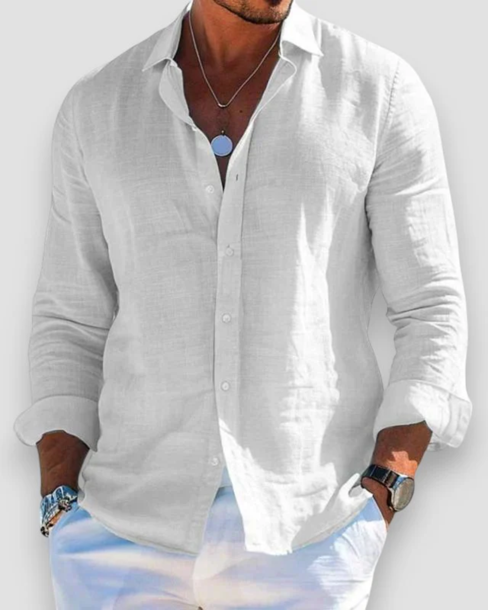 Men's Linen Shirt with Point Collar in White