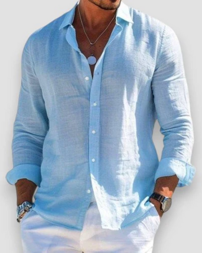 Men's Linen Shirt with Point Collar in Blue
