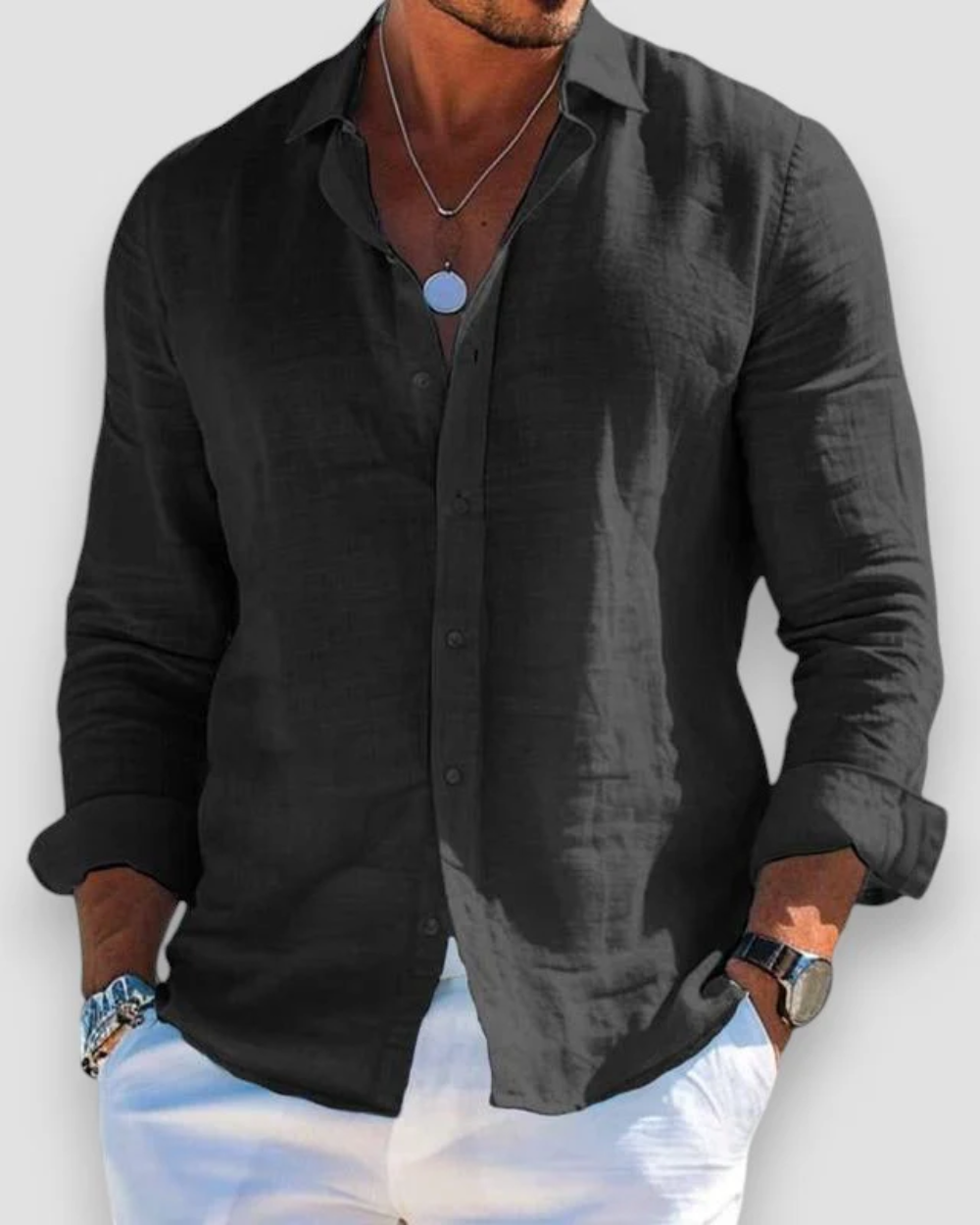 Men's Linen Shirt with Point Collar in Black