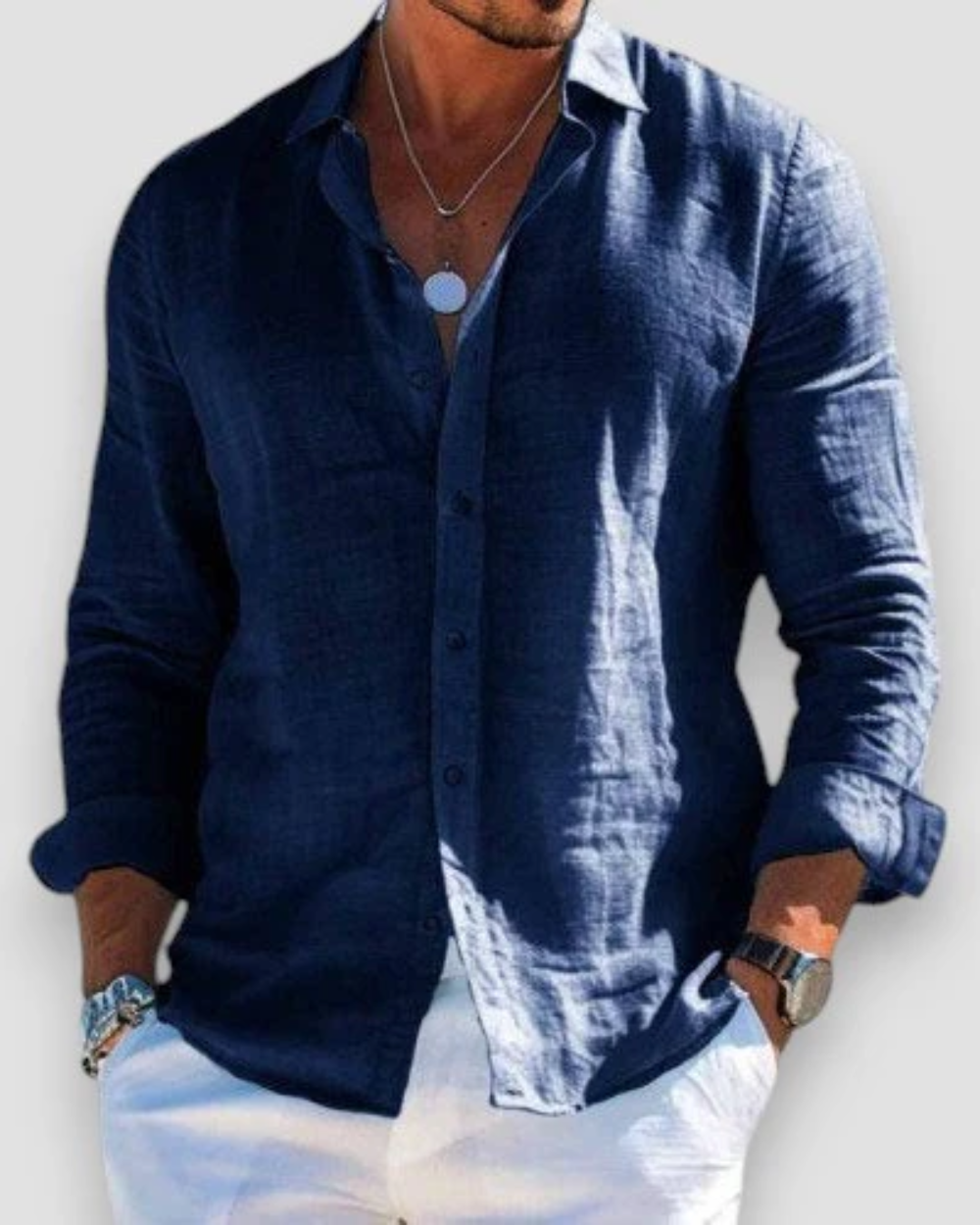 Men's Linen Shirt with Point Collar in Navy