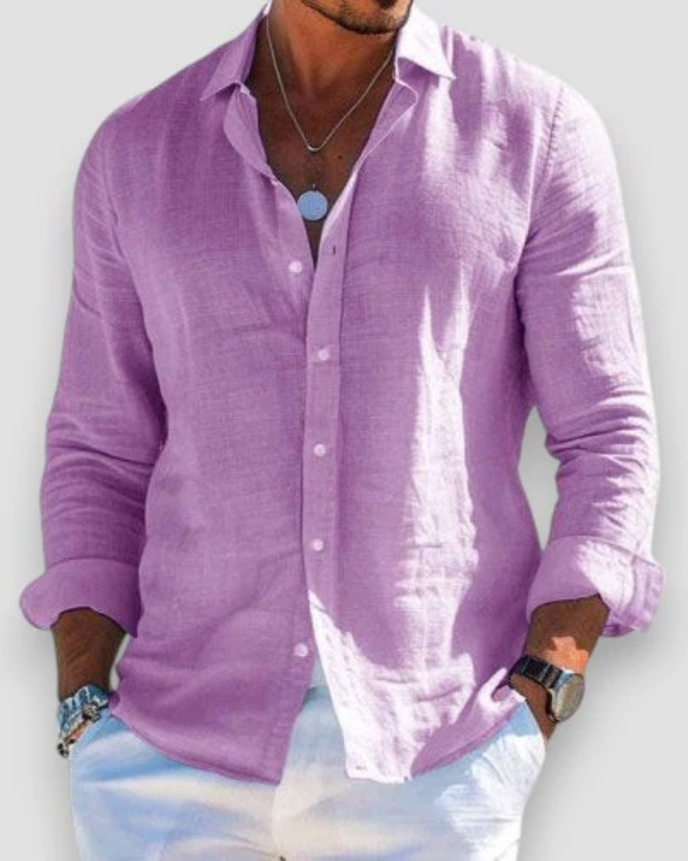 Men's Linen Shirt with Point Collar in Purple