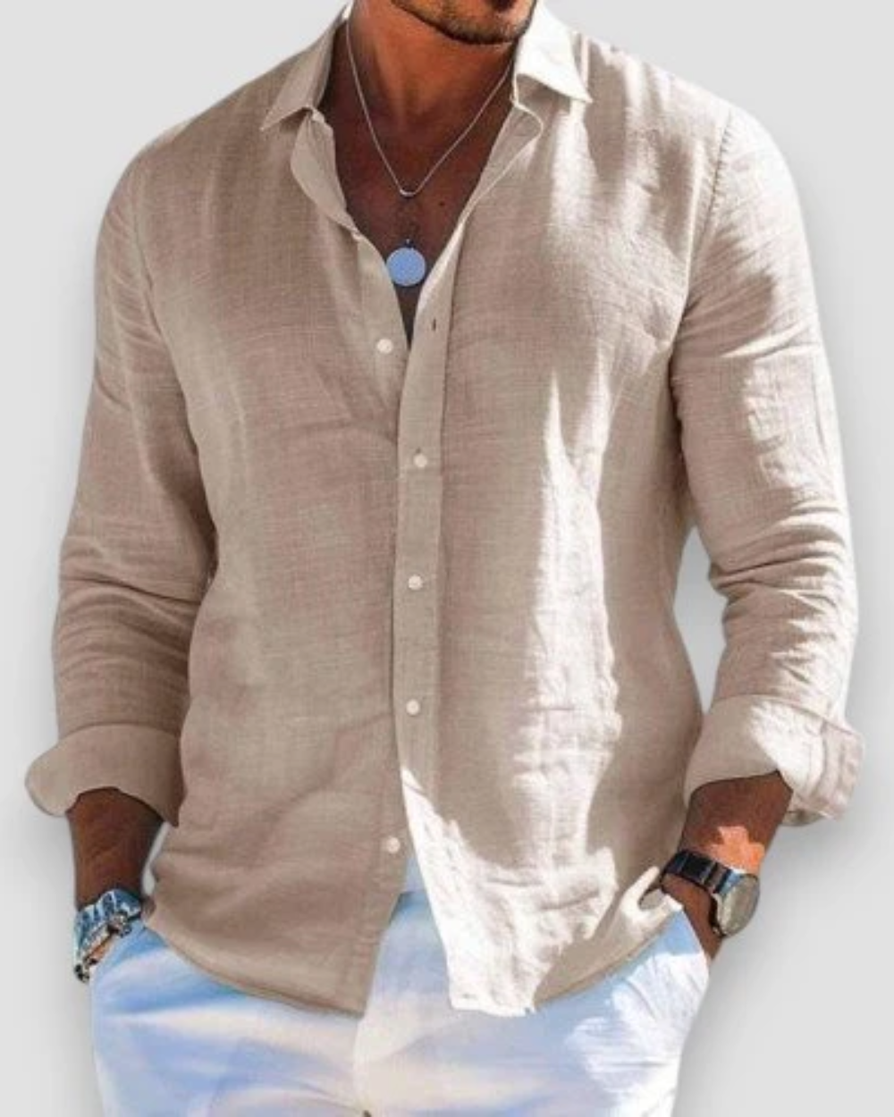 Men's Linen Shirt with Point Collar in Beige
