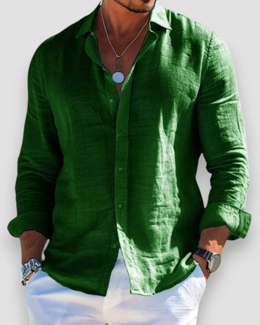 Men's Linen Shirt with Point Collar in Green