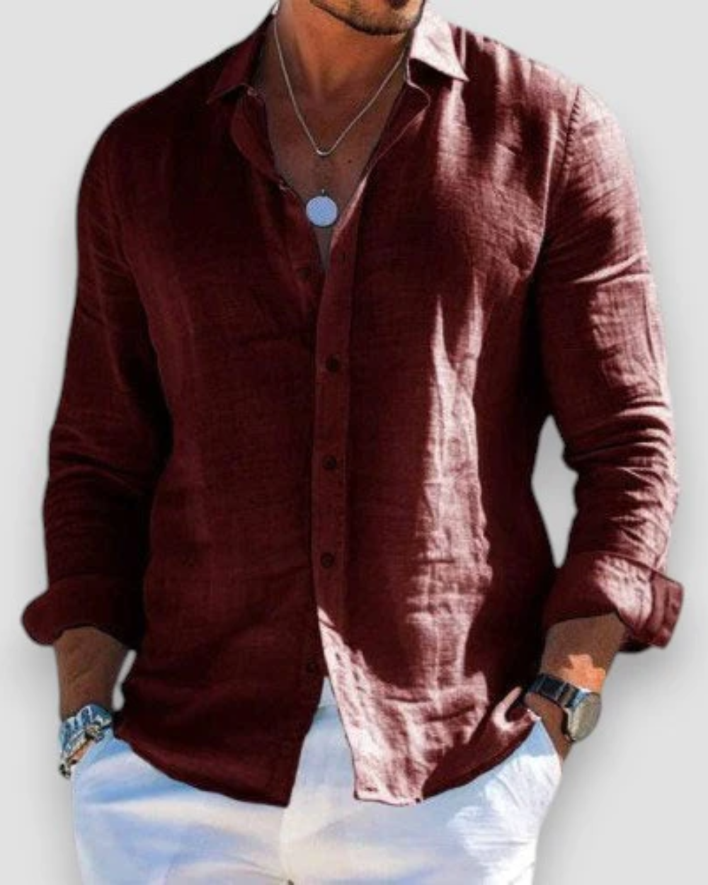 Men's Linen Shirt with Point Collar in Brown