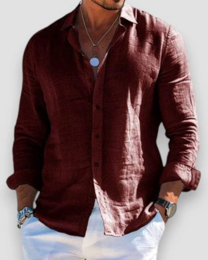 Men's Linen Shirt with Point Collar in Brown