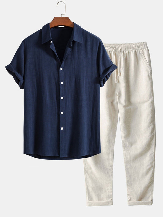Men's Two-Piece Linen Set with Drawcord Trousers