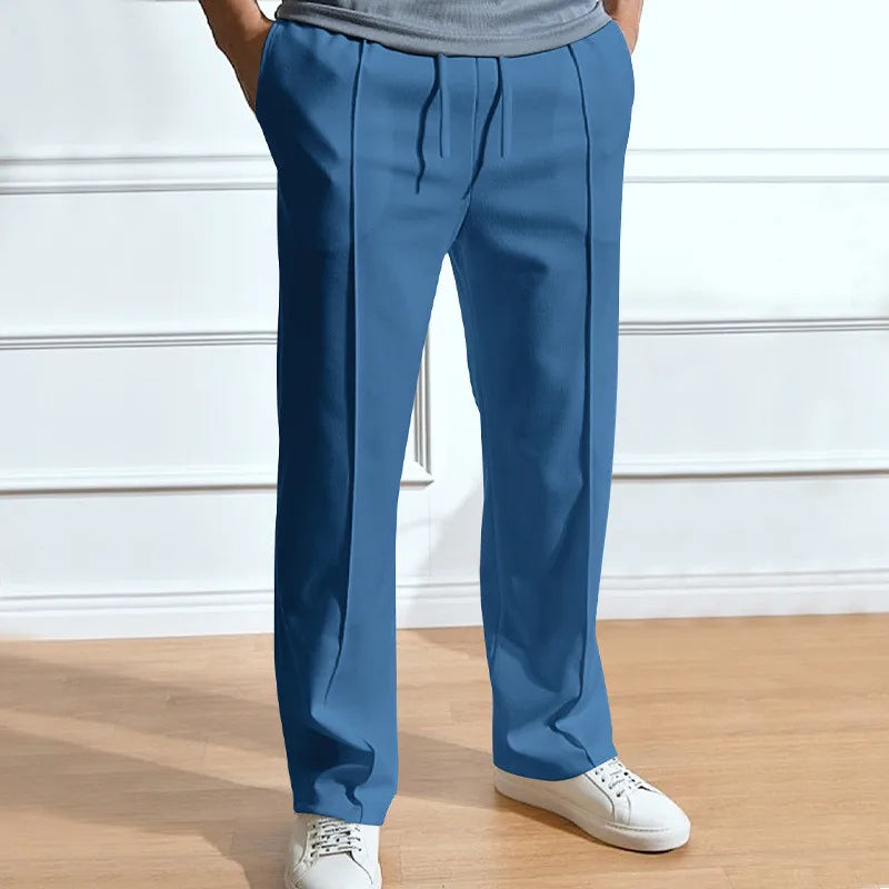 Men's Pleated Straight-Leg Trousers - Dark Blue