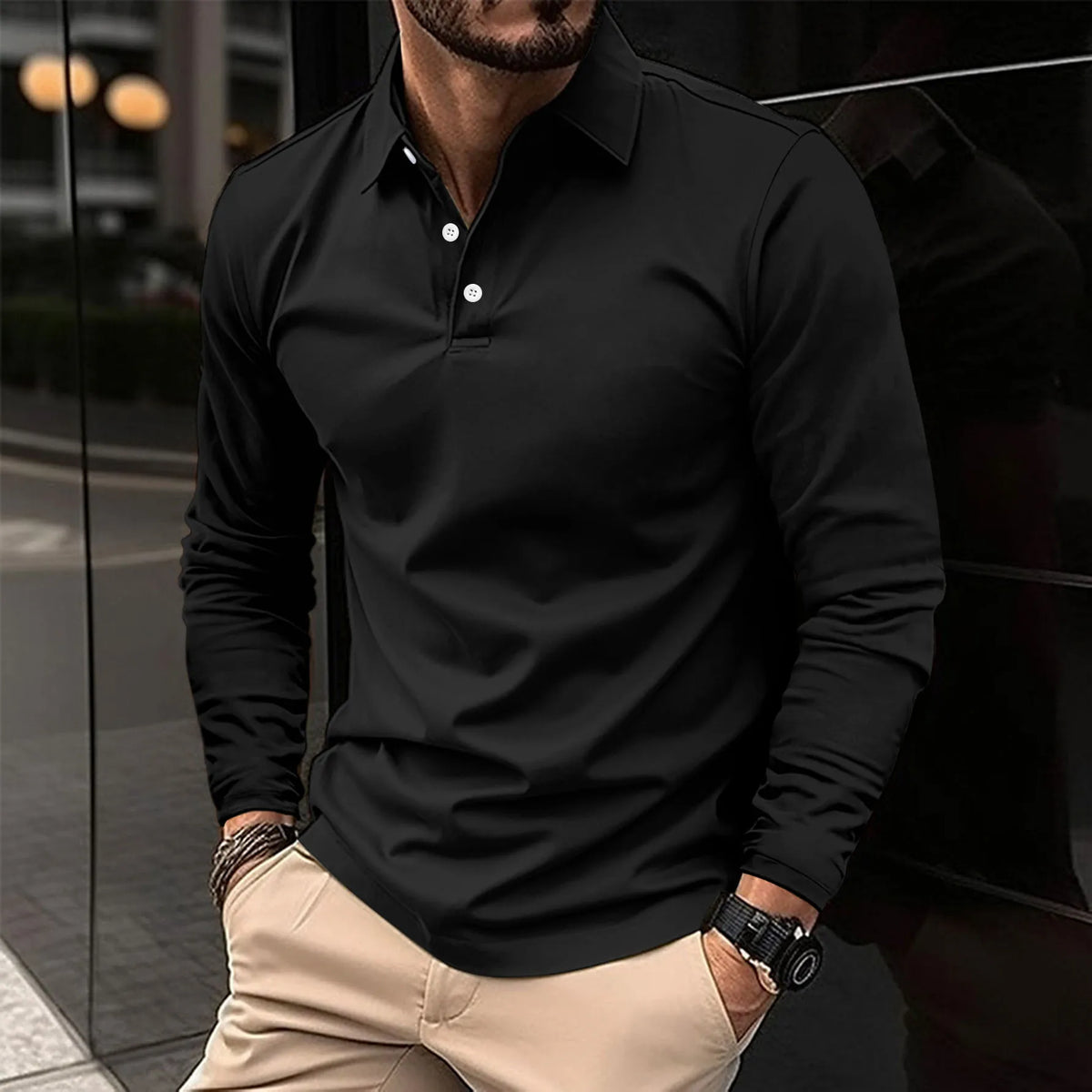 Men's Smart Long-Sleeve Polo Shirt - Black