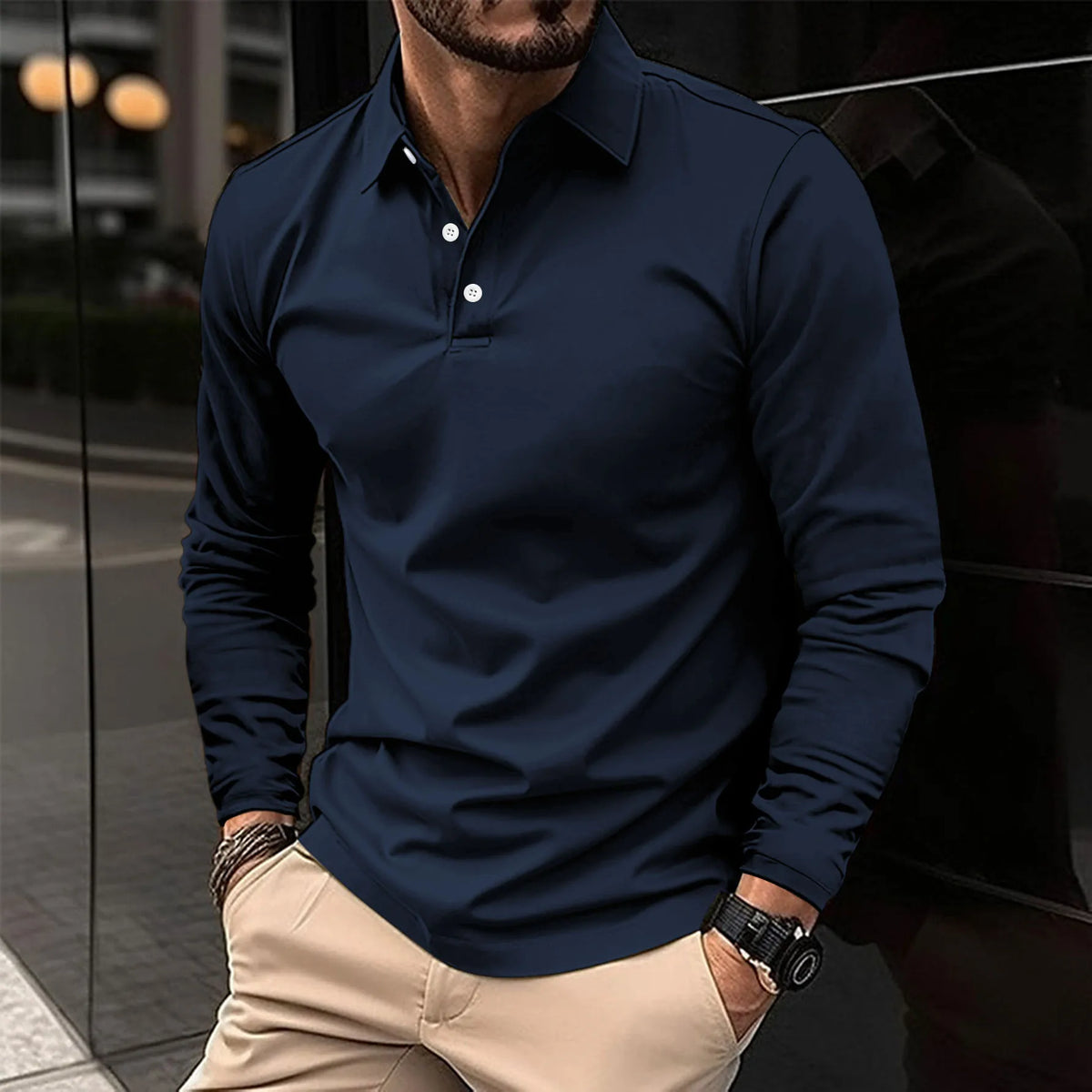 Men's Smart Long-Sleeve Polo Shirt - Navy