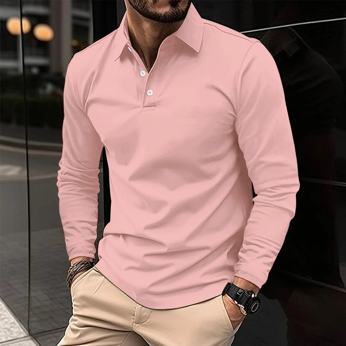Men's Smart Long-Sleeve Polo Shirt - Pink